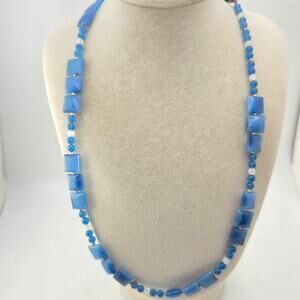 Vintage Blue Chalcedony And Opalite Geometric Beaded Necklace-19"